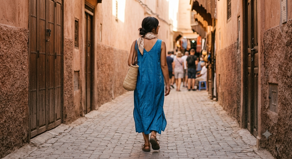 Viajante caminhando por uma medina no Marrocos usando um vestido azul solto e sem mangas, mostrando uma opção leve para o calor.