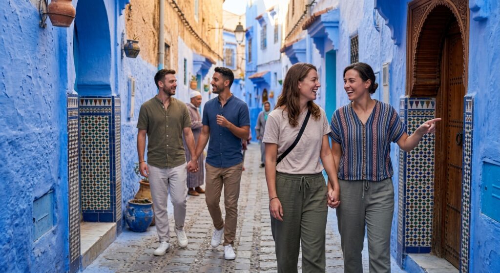 Dois casais LGBTQ+ caminhando felizes e com segurança pelas ruas históricas durante uma viagem pelo Marrocos