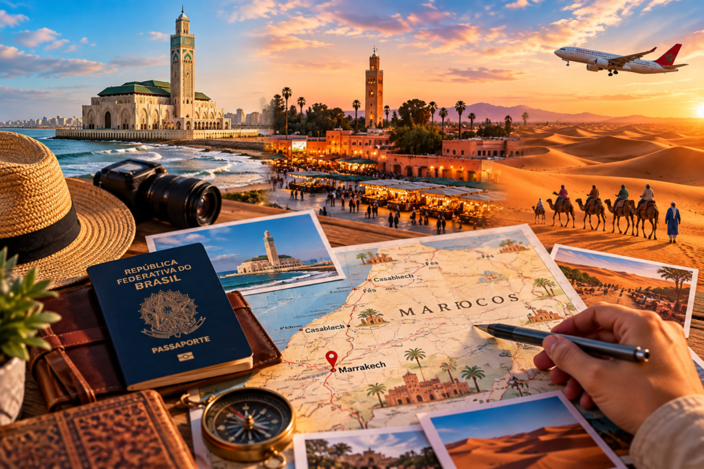 Passaporte brasileiro, mapa de Marrakech, avião e paisagens de Casablanca e do deserto do Marrocos