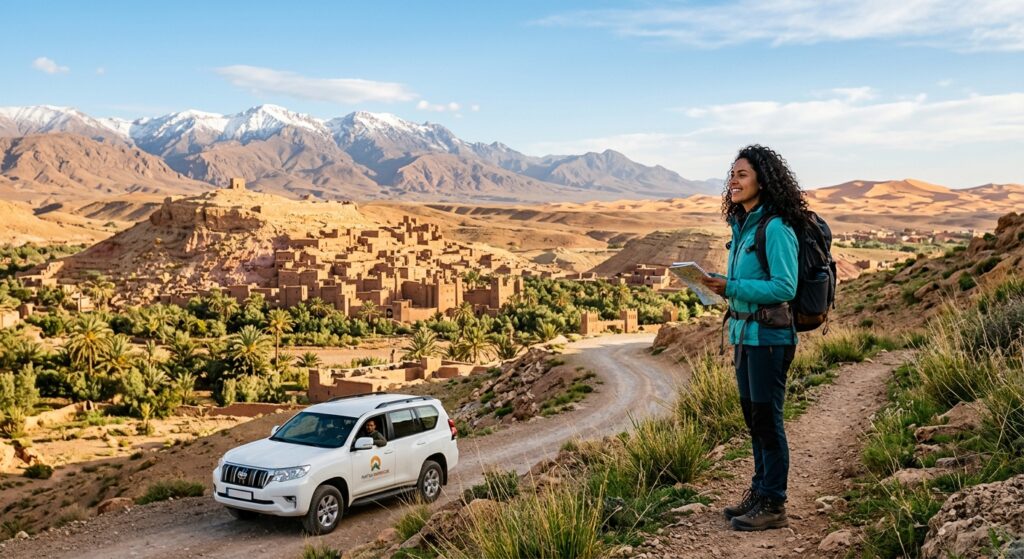 Mulher planejando viagem ao Marrocos com mapa na mão ao lado de veículo 4x4 privativo em paisagem com Kasbah e Atlas ao fundo.