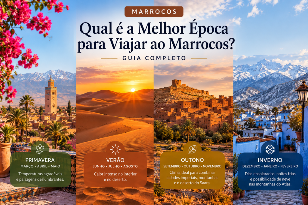 Melhor época para viajar ao Marrocos, com paisagens de Marrakech, deserto do Saara, kasbahs e montanhas do Atlas
